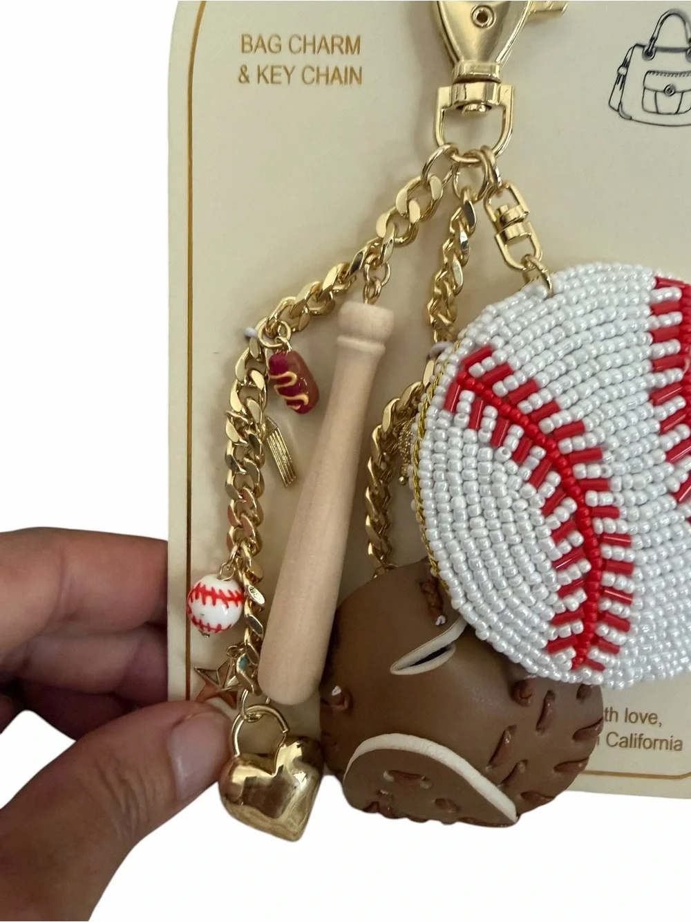 NEW - EYE CANDY Baseball Themed Bag Charm & Keychain w/leather, beads, gold-tone